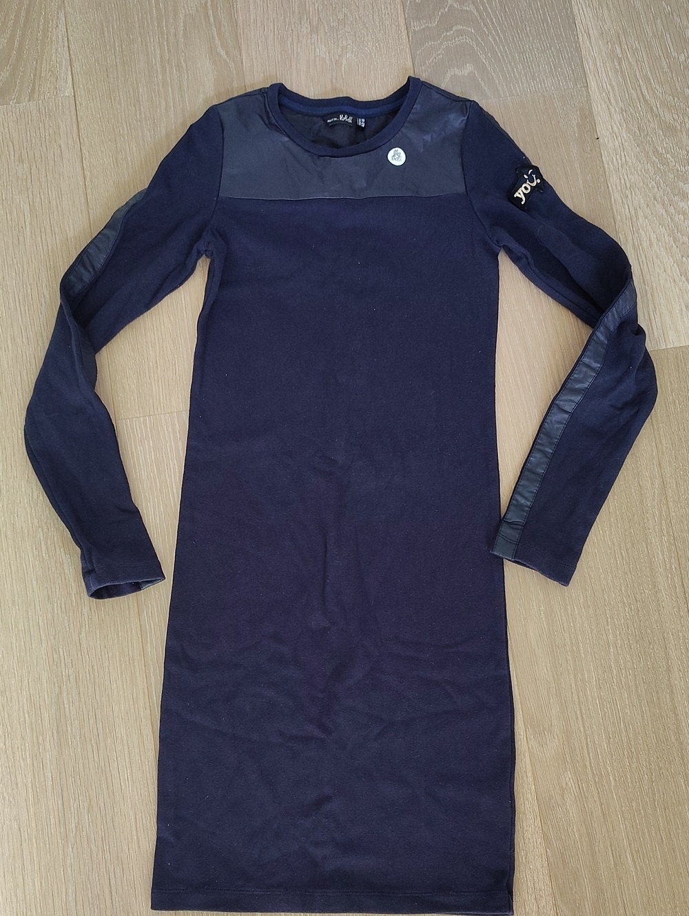 Girls Navy Long-Sleeve Casual Dress with Faux-Leather Trim